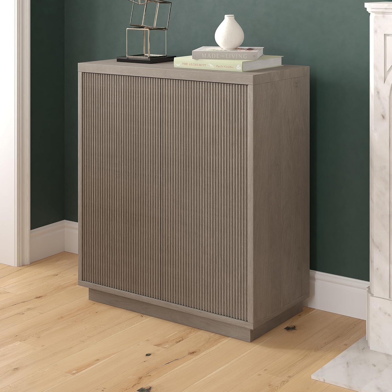 Henn&Hart 28 Fluted Wooden Accent Cabinet, Ribbed Modern Sideboard Buffet Cabinet with 2 Doors and an Adjustable Shelf for Living Room, Dining Room, Bedroom or Entryway, Weathered Gray