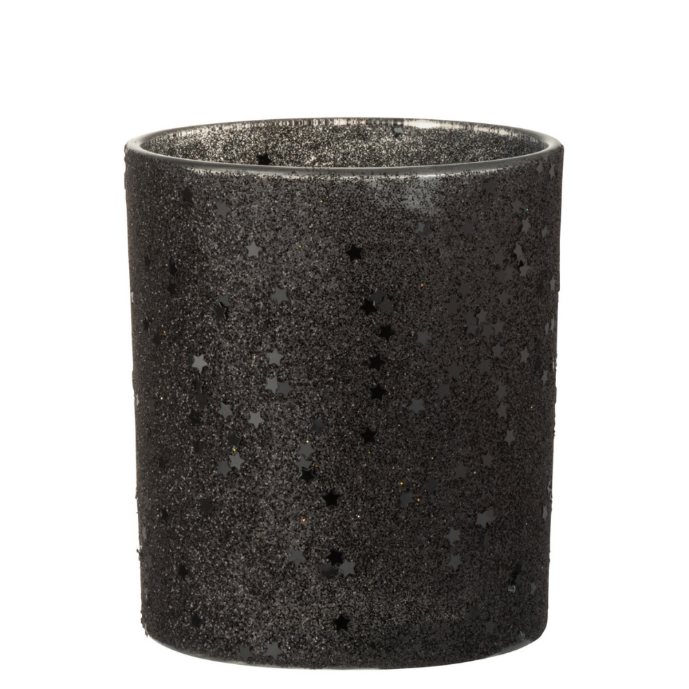 J-Line windlicht Sterretjes - glas - zwart - 2 stuks