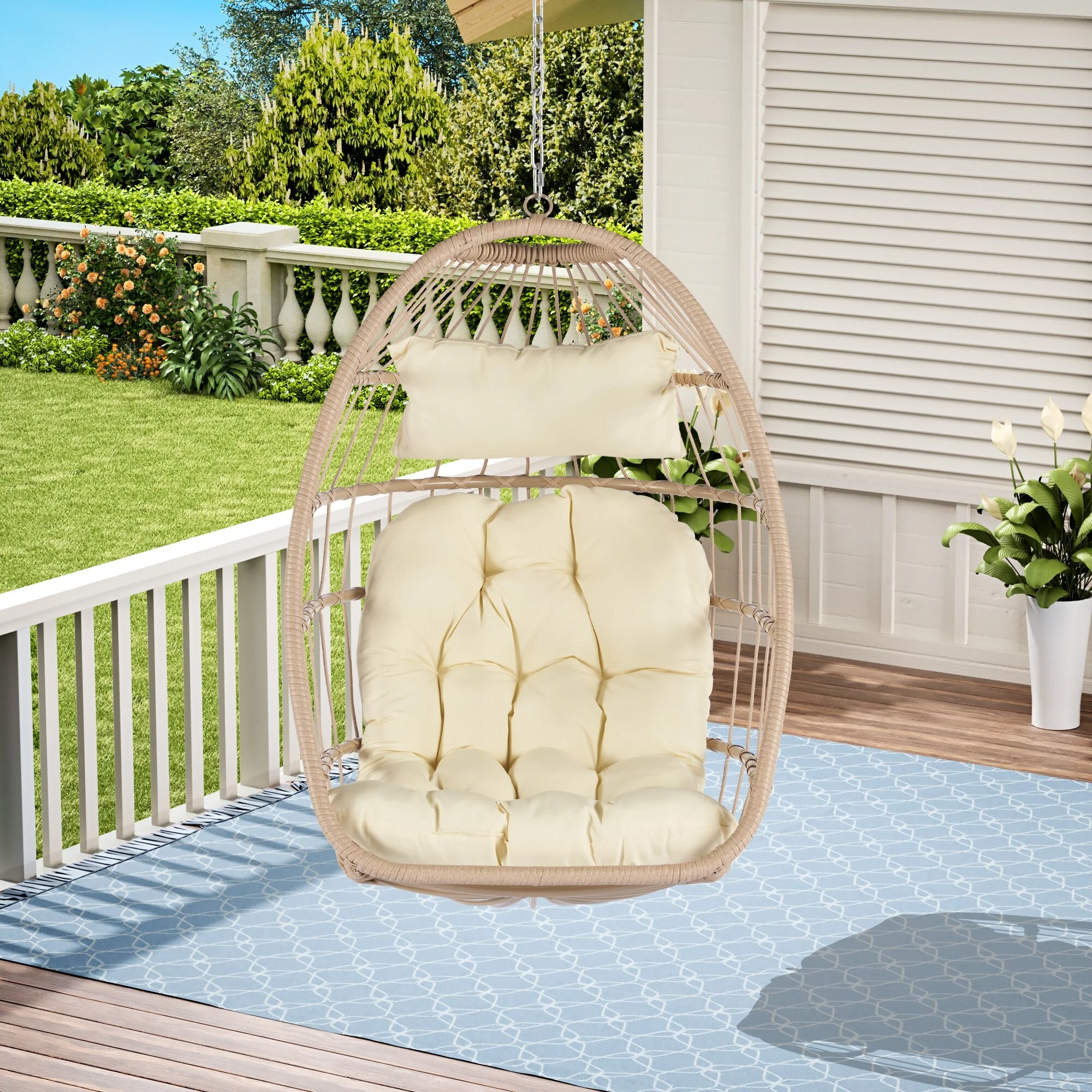 Rattan Egg Hanging Chair with Cushion