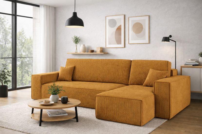 Sofa w kształcie L BEST narożnik, tkanina Poso, Musztardowy Prawostronny