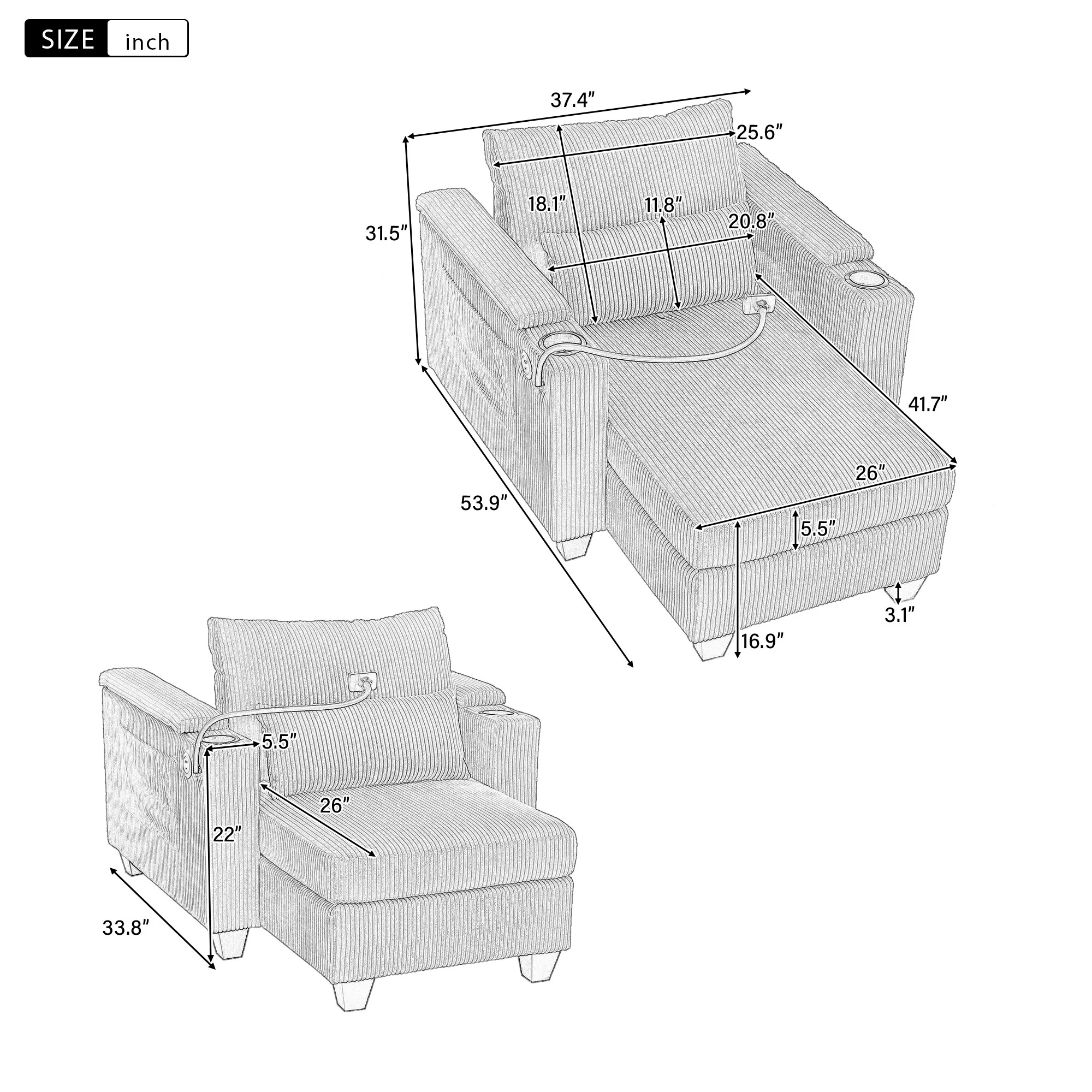 37x54 Convertible Sofa Bed,Chaise Lounge Sofa with USB Ports