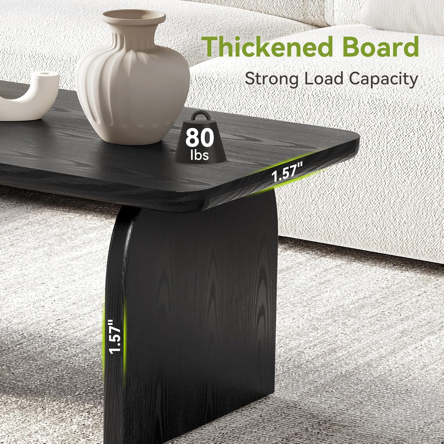 LITTLE TREE Farmhouse Coffee Table, 47 Inches Wooden Center Tables with Rounded Corners, Rectangular Living Room Tables, Modern Low Cocktail Tea Furniture for Living Room (Black)