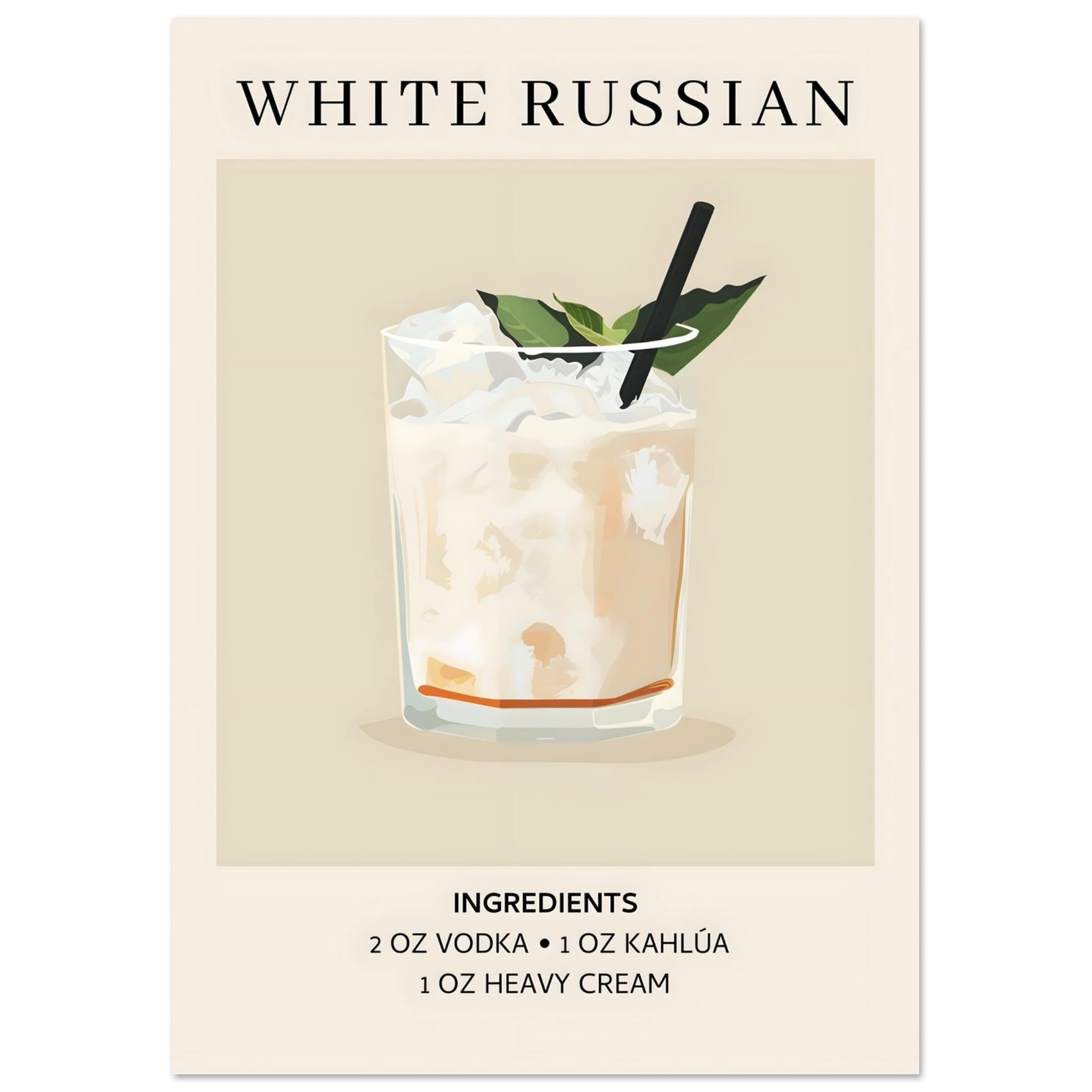 Artfulprints Poster White Russian cocktail - Ingrediënten  - A4 21x29.7 cm - Wit