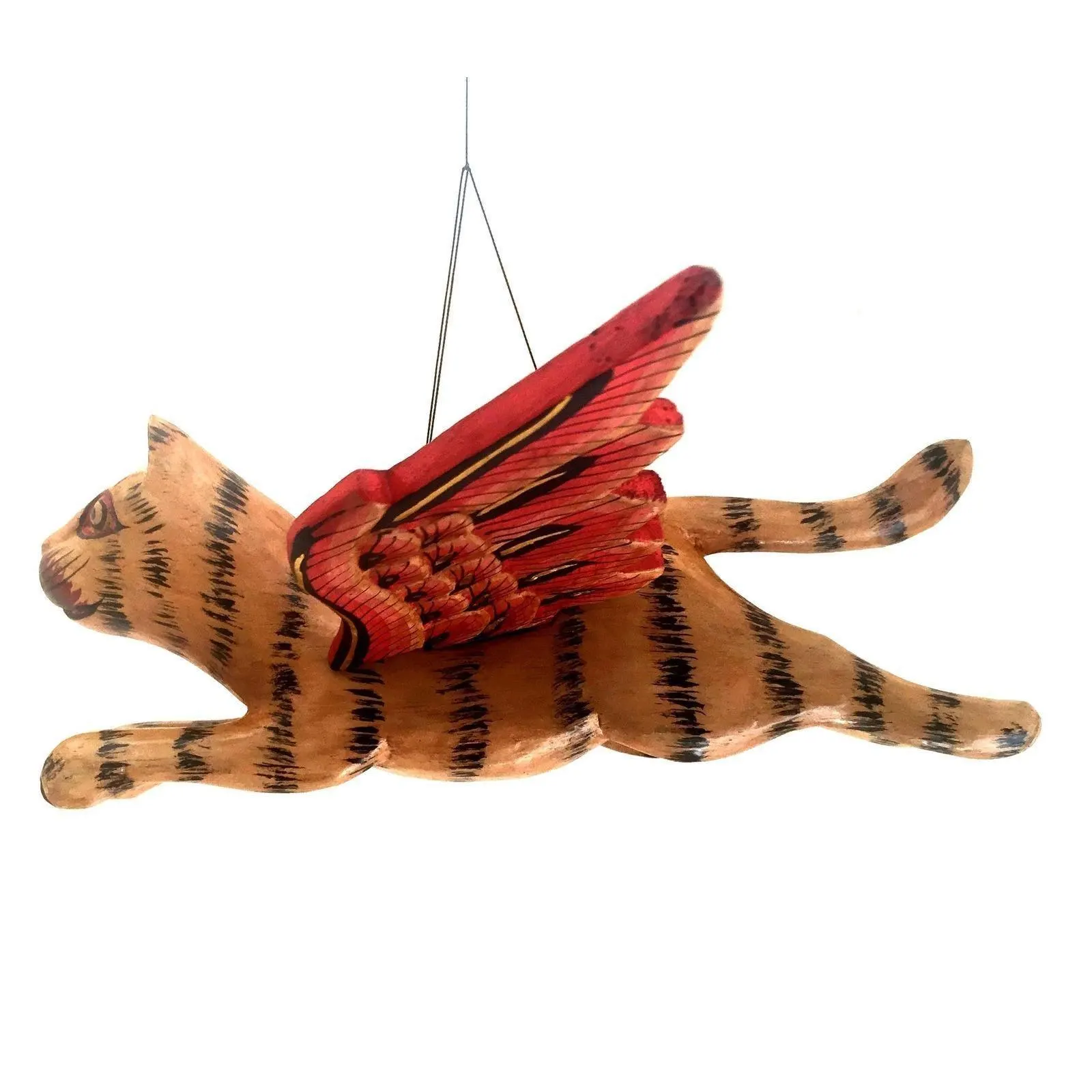 Handcrafted Flying Cat Wood Mobile Spirit Guardian Orange Tabby Striped Gift