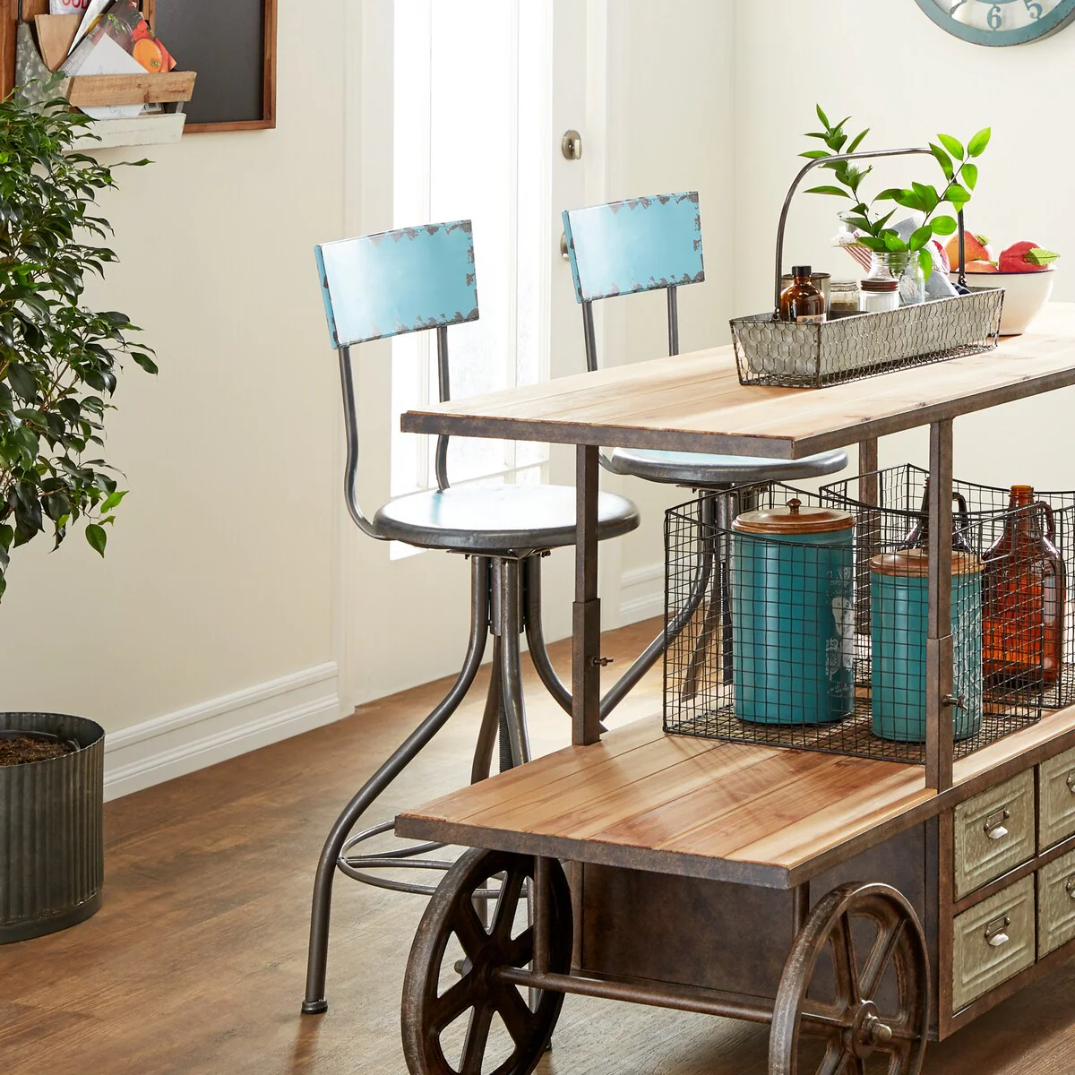 Metal Distressed Bar Stool with Gunmetal Legs and Backrest -Teal, Beige or Red - Roche River Decor