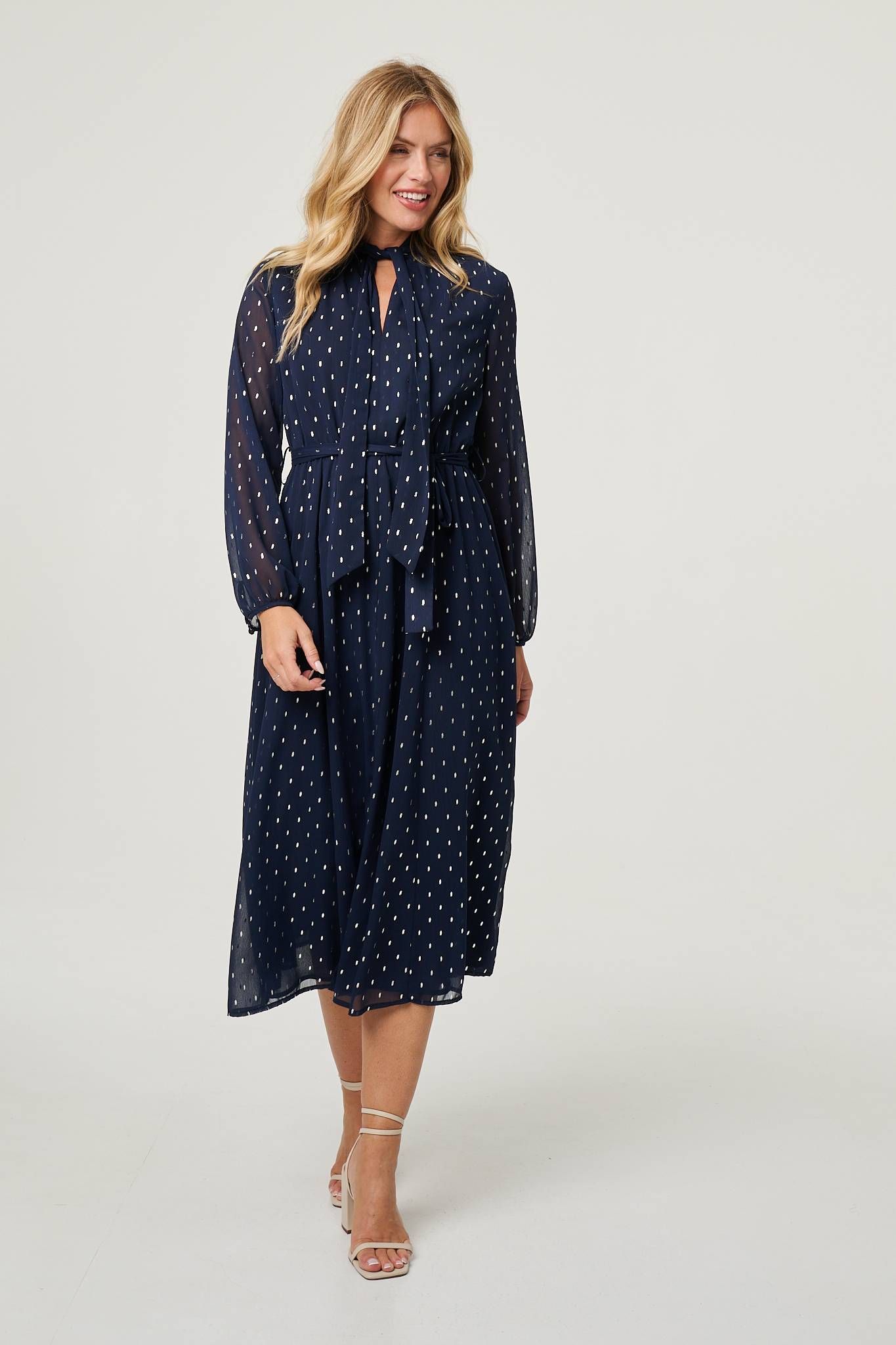 Izabel London Polka Dot Print Long Sleeve Midi Dress