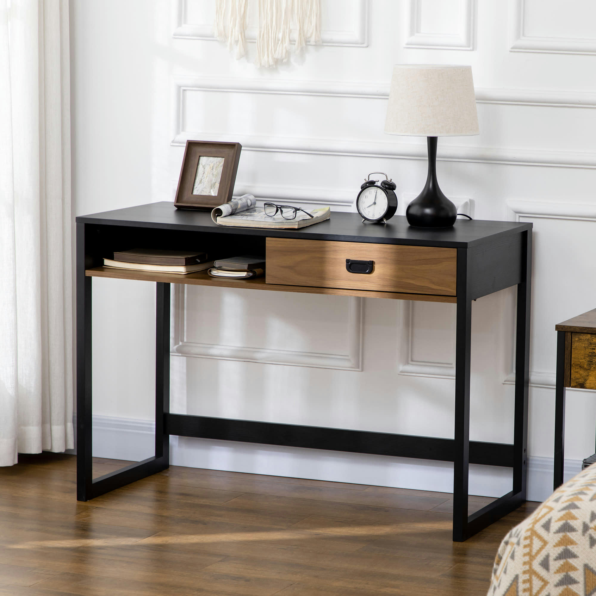 - Bureau style industriel casier tiroir coulissant noir aspect noyer
