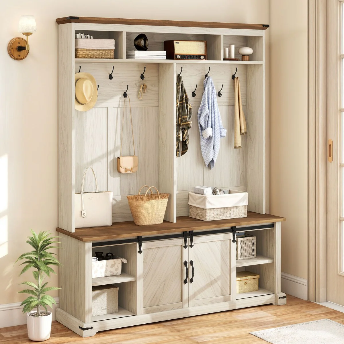 Moasis Hall Tree Coat Rack with Bench Shoe Storage w/ 10 Hooks for Entryway