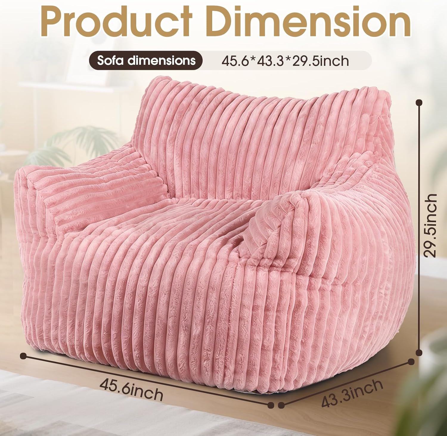 Giant Bean Bag Chair, Oversized Plush Comfy Bean Bag Sofa for Adults and Kids with Armrests, Memory Foam Mini Couch Single Lounges for Living Room, Bedroom & Game Room(Pink)