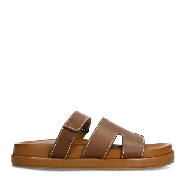 Cognac leren slippers met klittenband