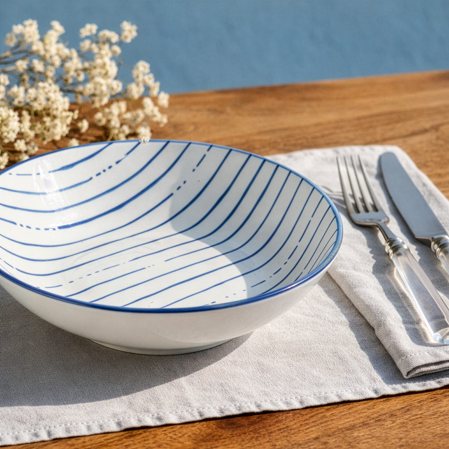 Piatto fondo bianco righe blu porcellana Mix e Match