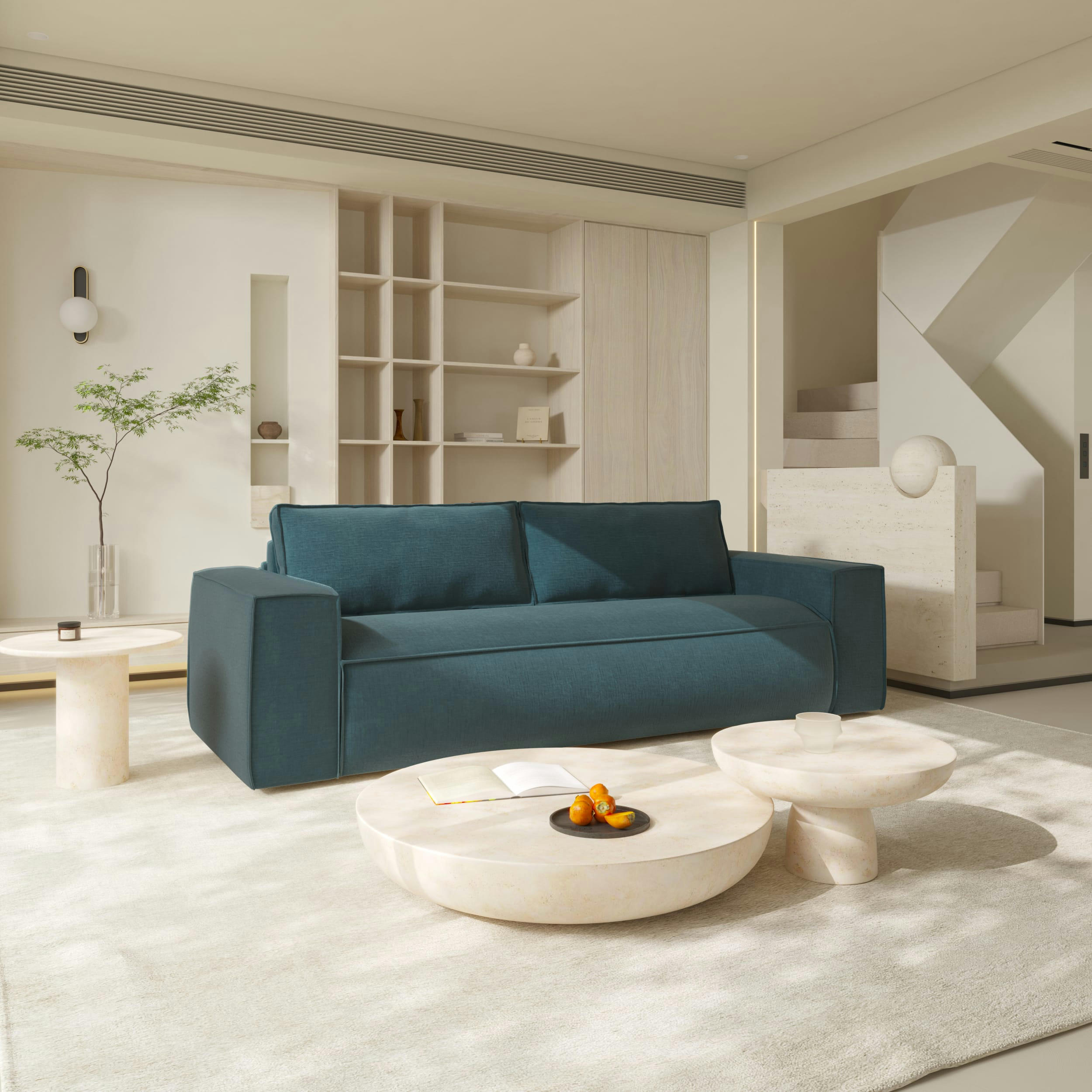 JOAN - Canapé convertible express dunlopillo velours texturé bleu océan 140cm