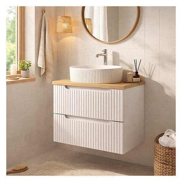 Ensemble VANO blanc 60cm : meuble sous vasque à tiroirs et plan pour vasque aspect chene clair et vasque à poser rainurée blanche