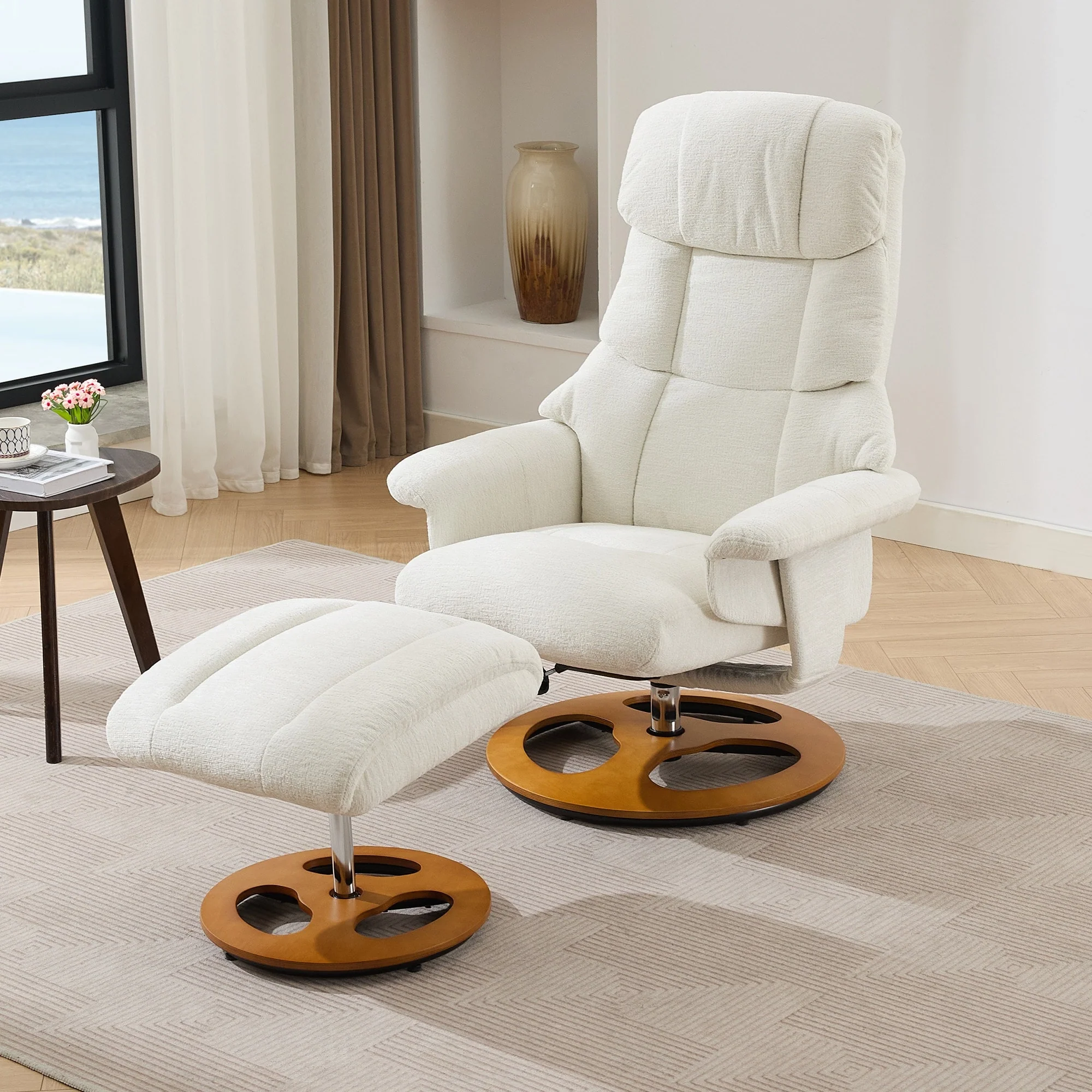 360° Swivel Ergonomic Recliner Chair with Ottoman, Adjustable Backrest, 5 Vibration Massage, Seat Heating, Chenille Fabric