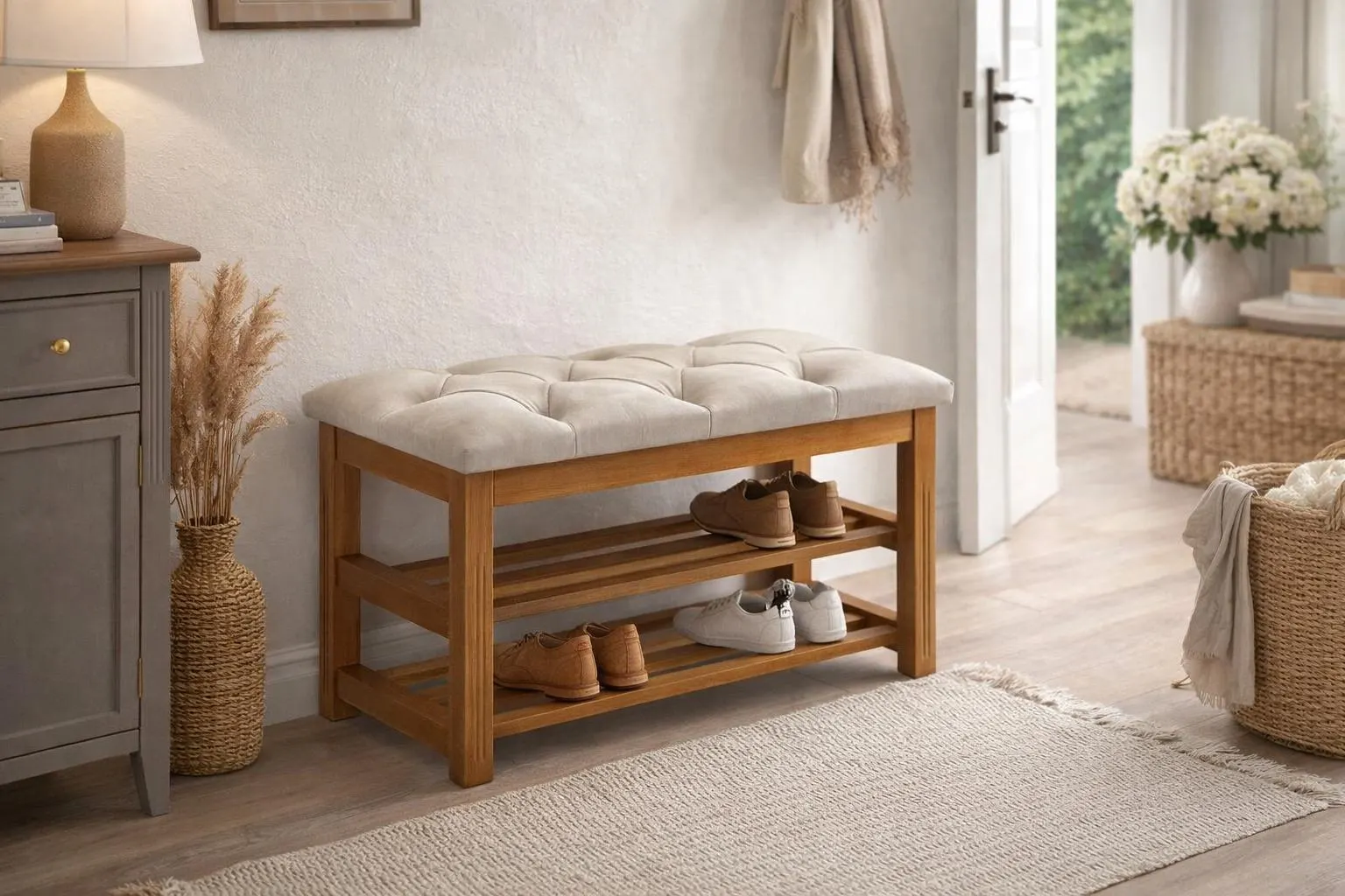 Solid Alder Wood Shoe Bench with Tufted Seat – Entryway Storage Furniture