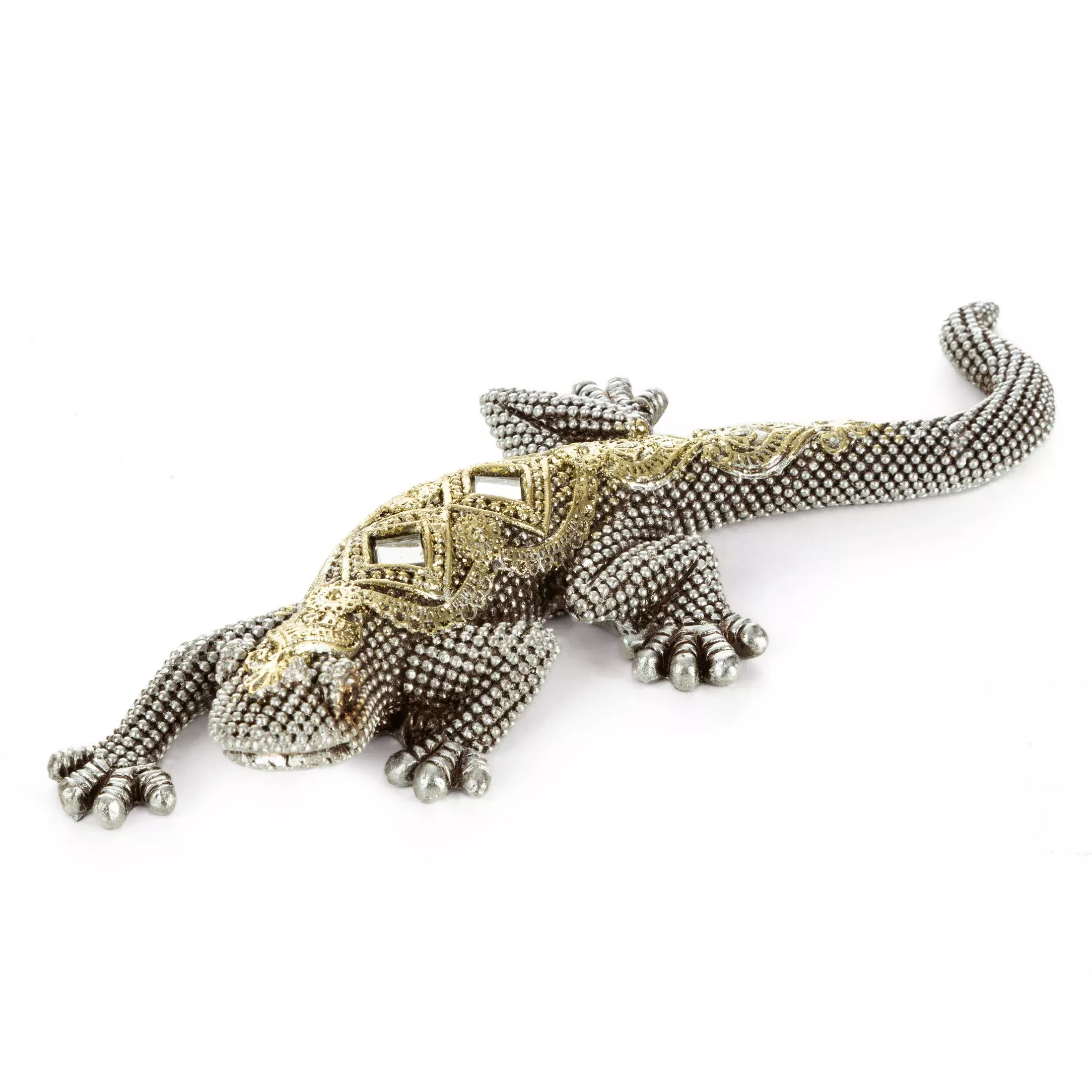 Figurka srebrna jaszczurka o drobnym strukturalnym wzorze 20x8x3 cm GATOS