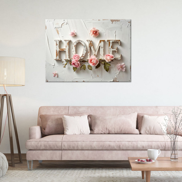 Obraz do salonu sypialni biura, Napis Home róże Typografia shabby 30x20
