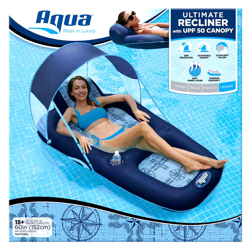 Aqua Luxury Inflatable Pool/Water Lounge with Canopy, UPF 50 Protection, Ages 15+