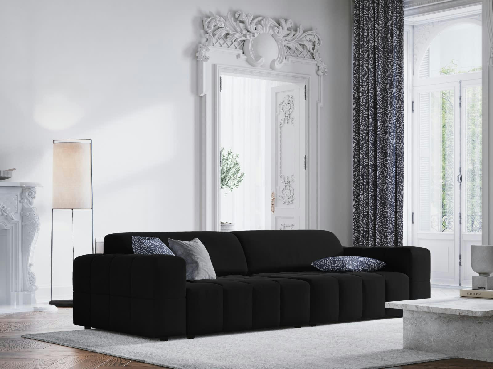 LUC - Canapé 4 places en tissu velours noir