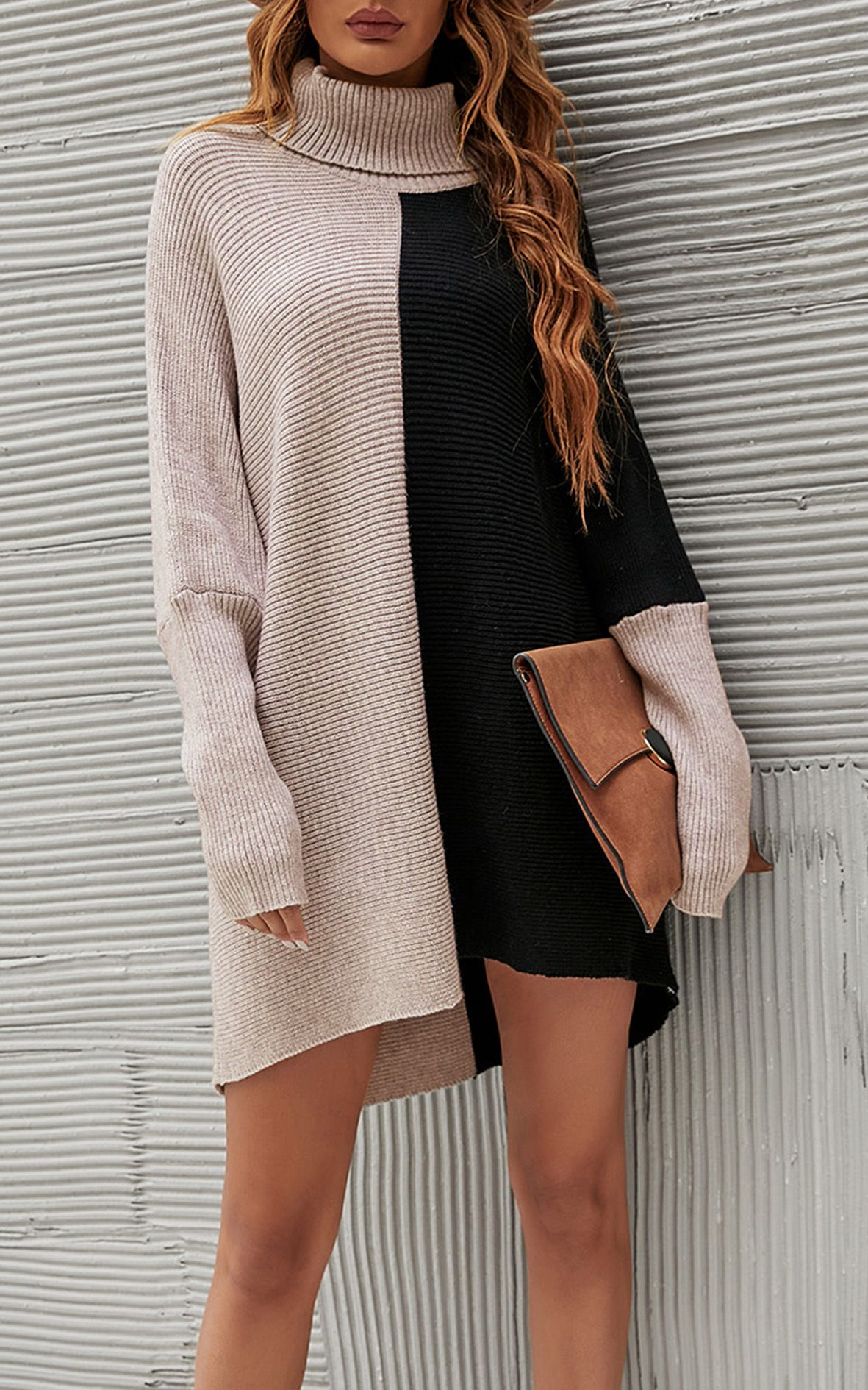 FS Collection High Neck Half Forest Beige & Black Block Colour Jumper Top