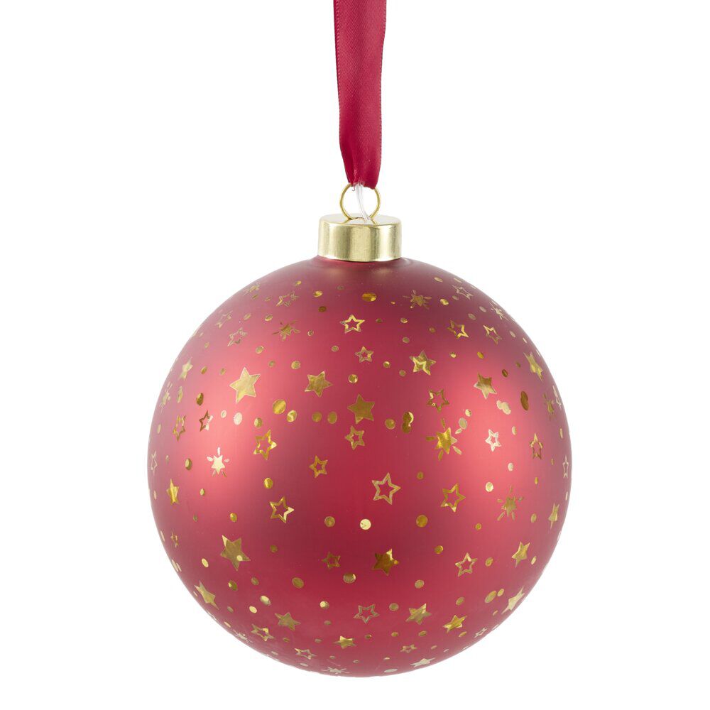 Boule de No&euml;l lumineuse à suspendre 15 LED verre rouge doré Ø14cm