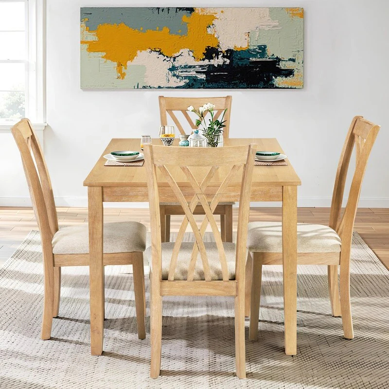 Wood Dining Table Set with 4 Chairs, Space-Saving Kitchen/Dining Room Set with Easy-Clean, Anti-Slip Design for 4-6 Persons