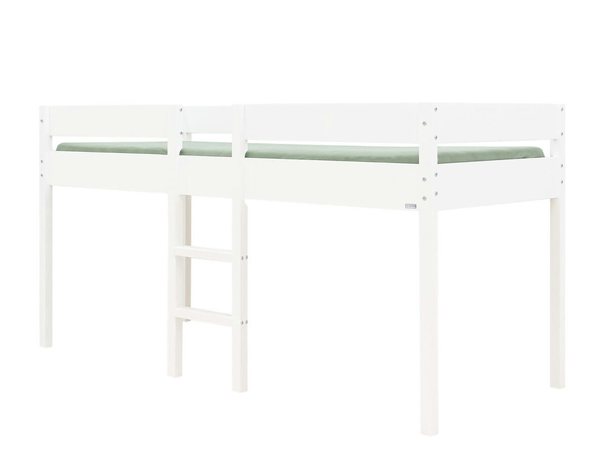 MICK - Lit mezzanine mi-hauteur 90x200 blanc en MDF et hêtre