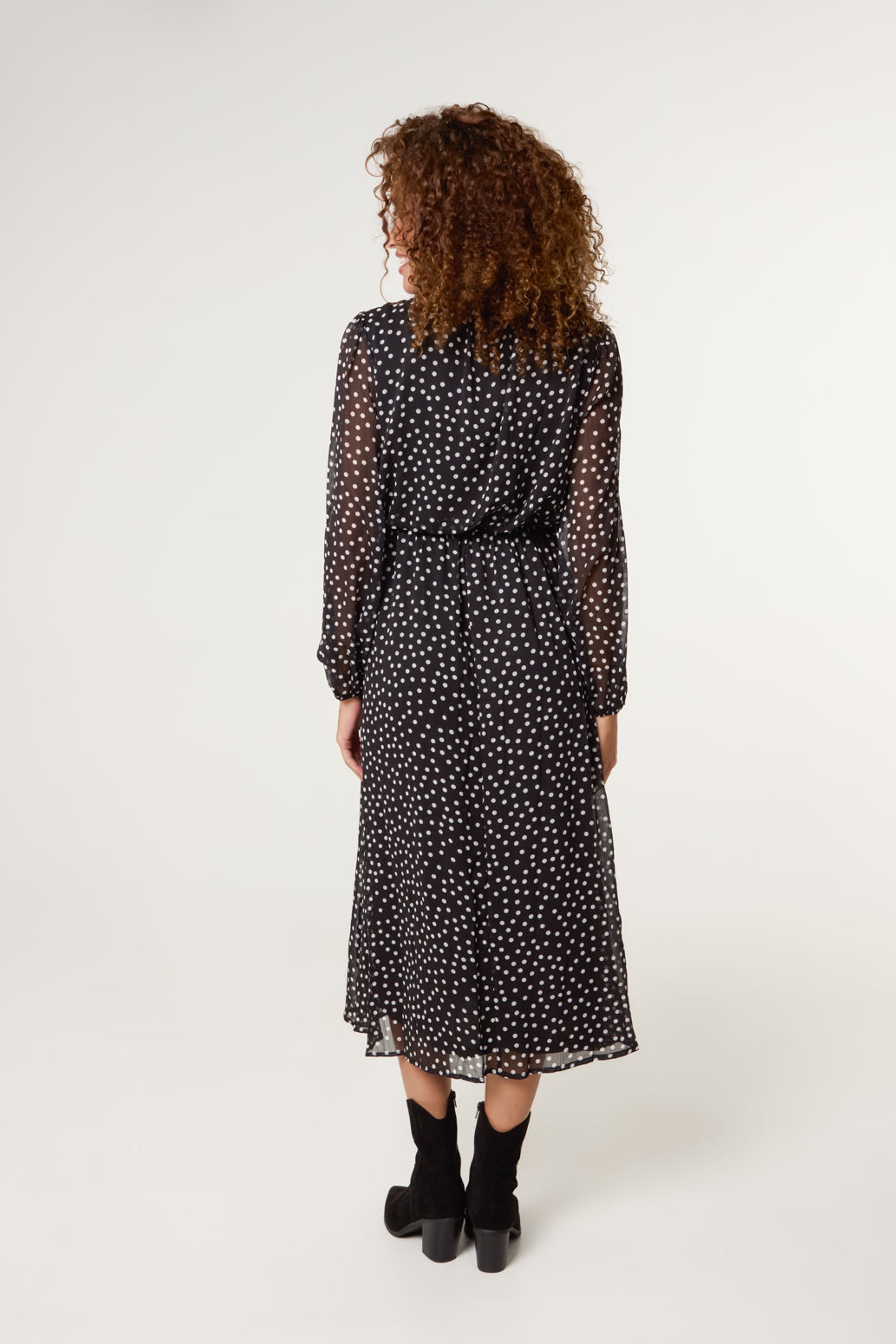 Blue Vanilla Black Polka Dot Tie Neck Midi Dress
