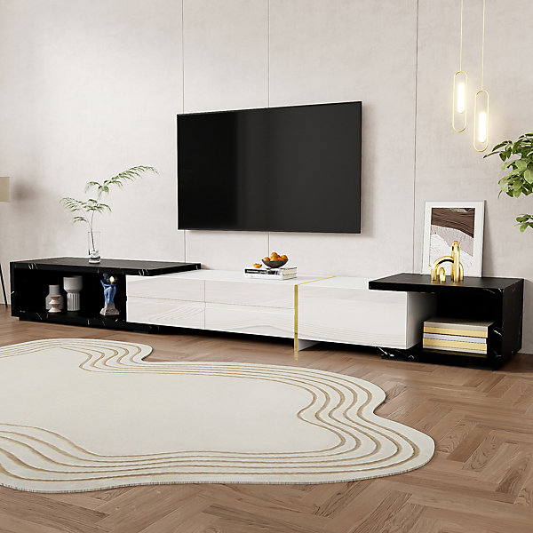 Meuble TV Design Rotatif Et Extensible (140-260 Cm) - Noir Marbré, Blanc Laqué Et Or