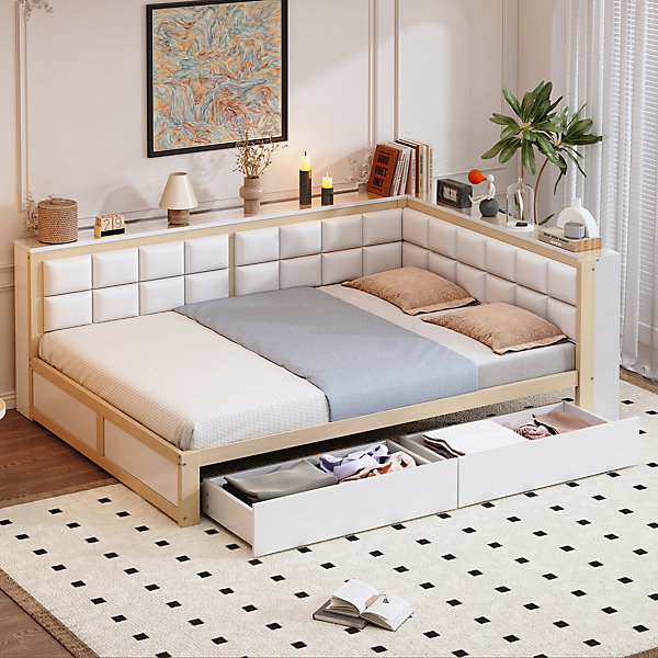 Canape lit bois 140 par 200 cm lit multifonction dossier doux tiroir rangement lit simple junior pin massif couleur bois