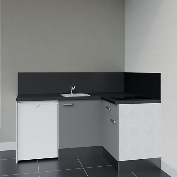 Kitchenette KA01 façades Gris - Plan de travail Noir texturé - Crédences : Oui - Evier inox - Electroménager Blanc inclus