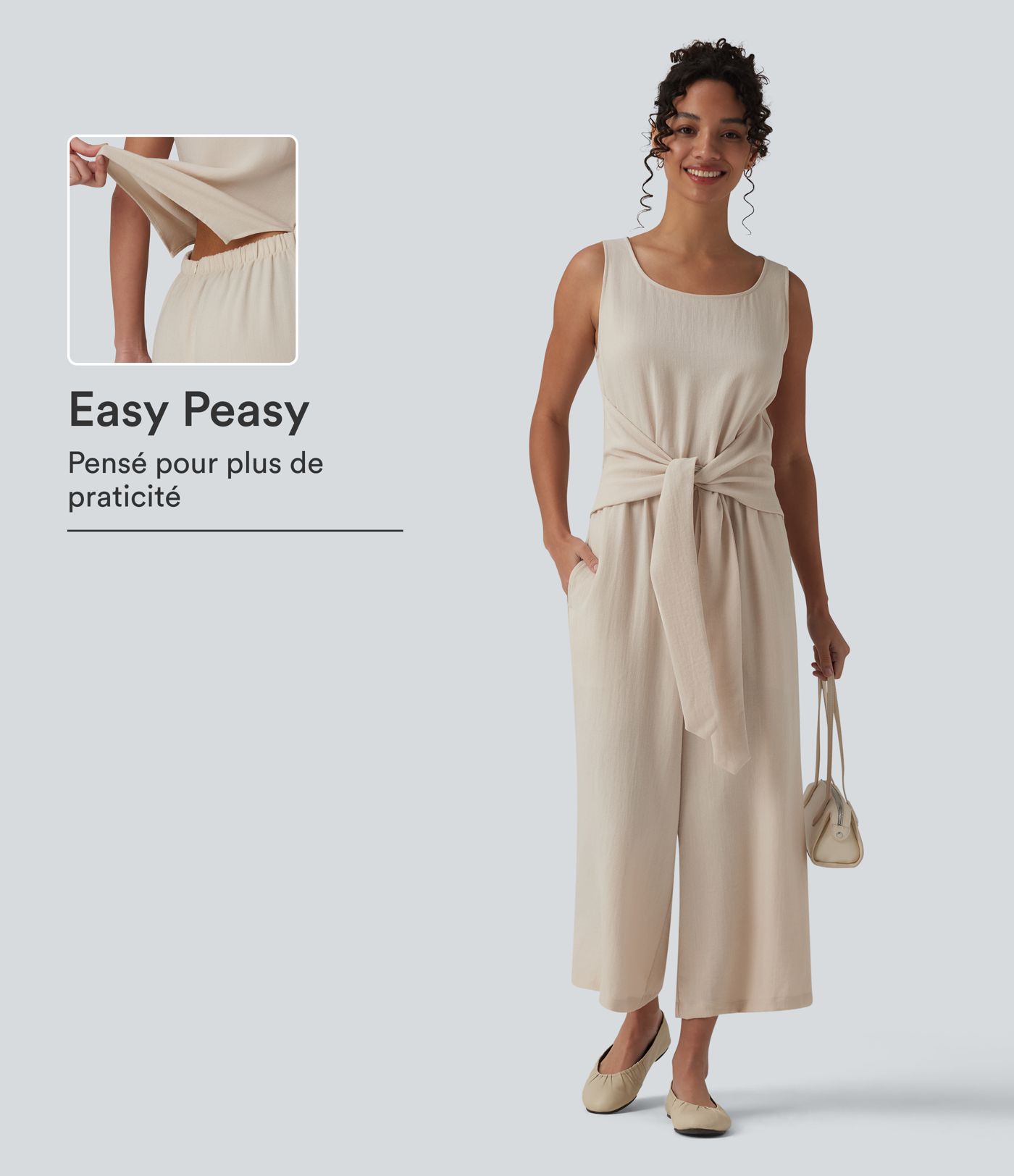 Combinaison casual aspect lin col rond échancré sans manches avec nœud frontal et poches – Easy Peasy