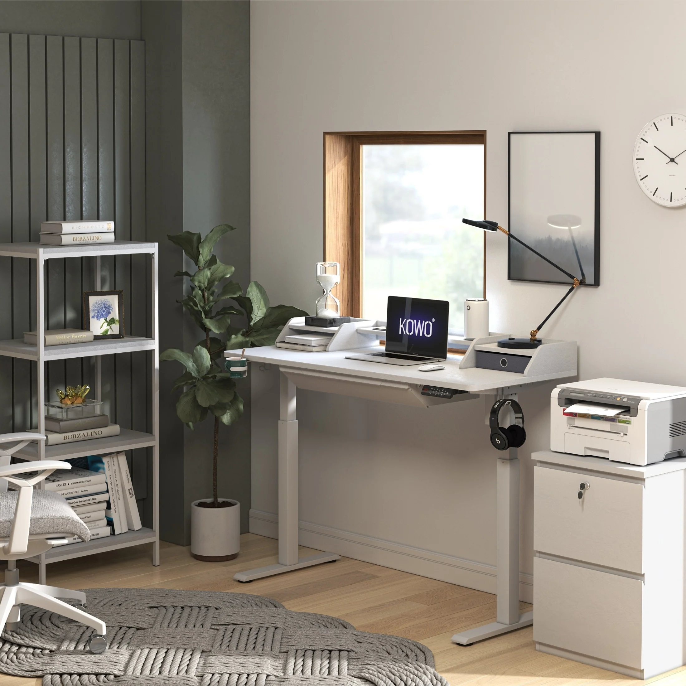KOWO 55 Electric Standing Desk with Hutch & Drawer Height Adjustable Workstation, Sit Stand Home Office Desk