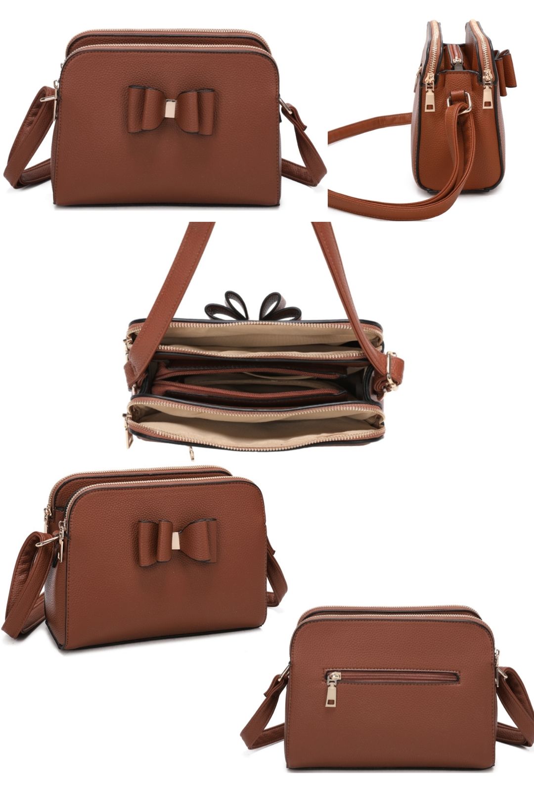 Fontanella Fashion Gabby Triple Zip Tri-Compartments PU Butterfly Bow Crossbody Bag