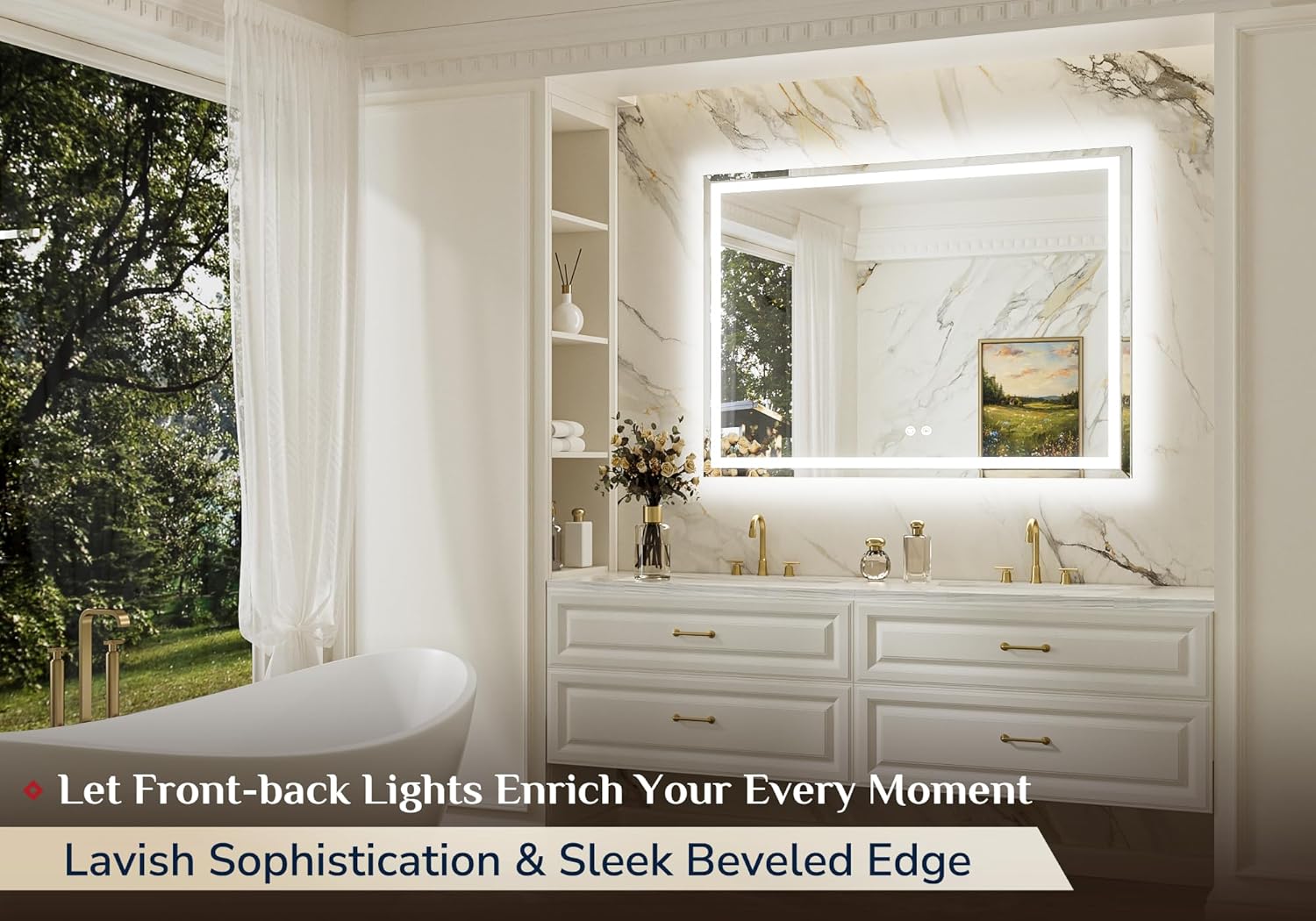Keonjinn Beveled Lighted Mirrors for Bathroom 48 x 36 Inch, LED Bathroom Mirror with HD Tempered Glass, Frontlit and Backlit, Dimmable 3-Color, UL Listed LED Driver, Anti-Fog LED Vanity Mirror, CRI90+