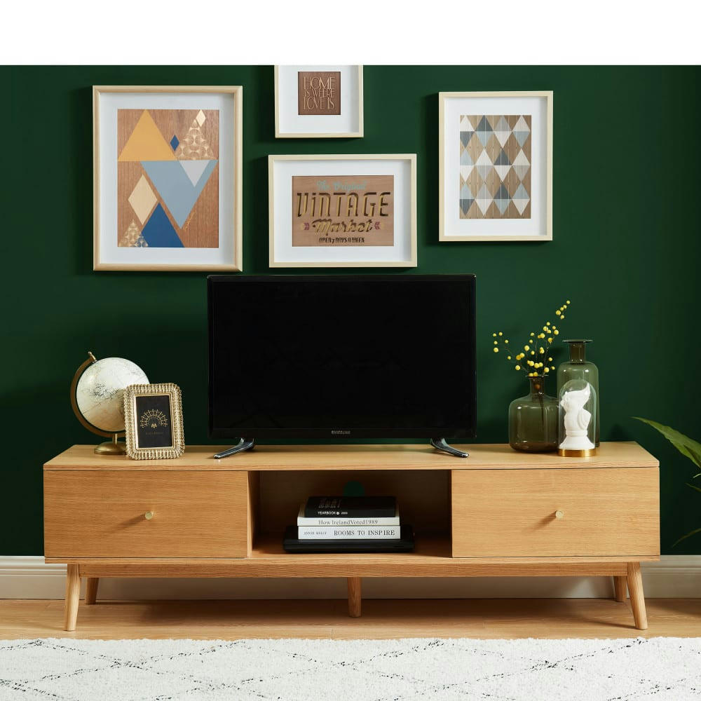 GRUDE - Meuble TV vintage en bois clair 2 tiroirs