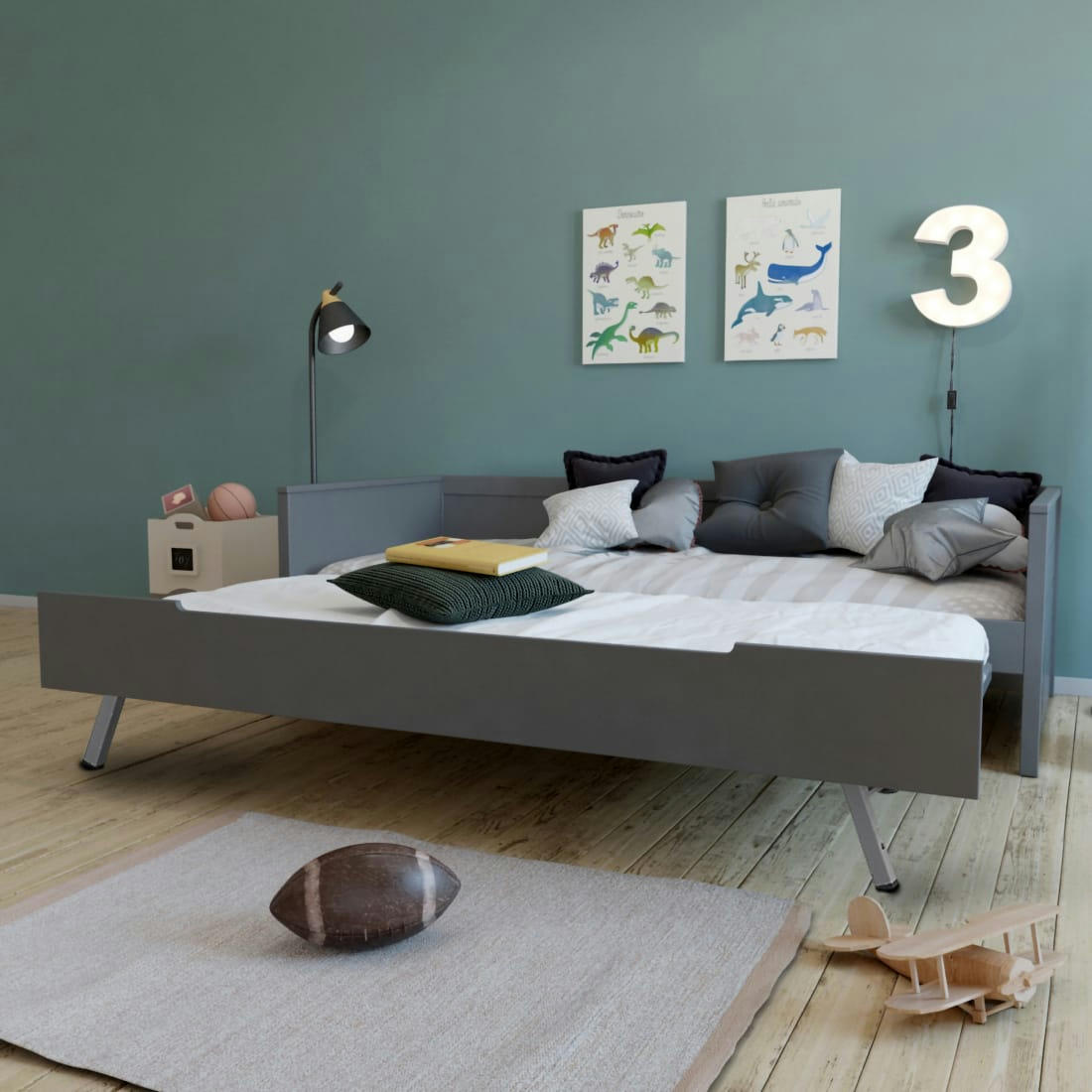 LEONARD - Lit enfant   avec tiroir gigogne gris      90x200