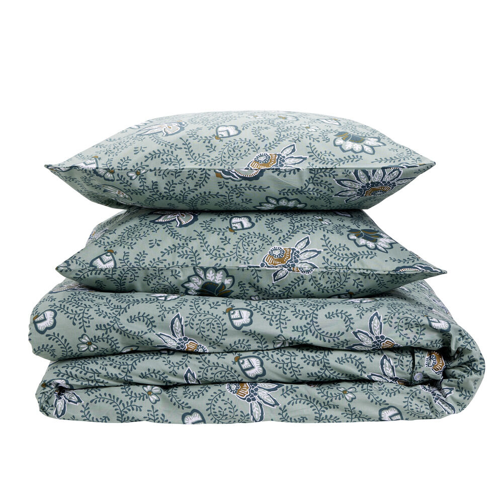 Parure de lit 2 personnes 240x220cm coton motif végétal bleu et vert