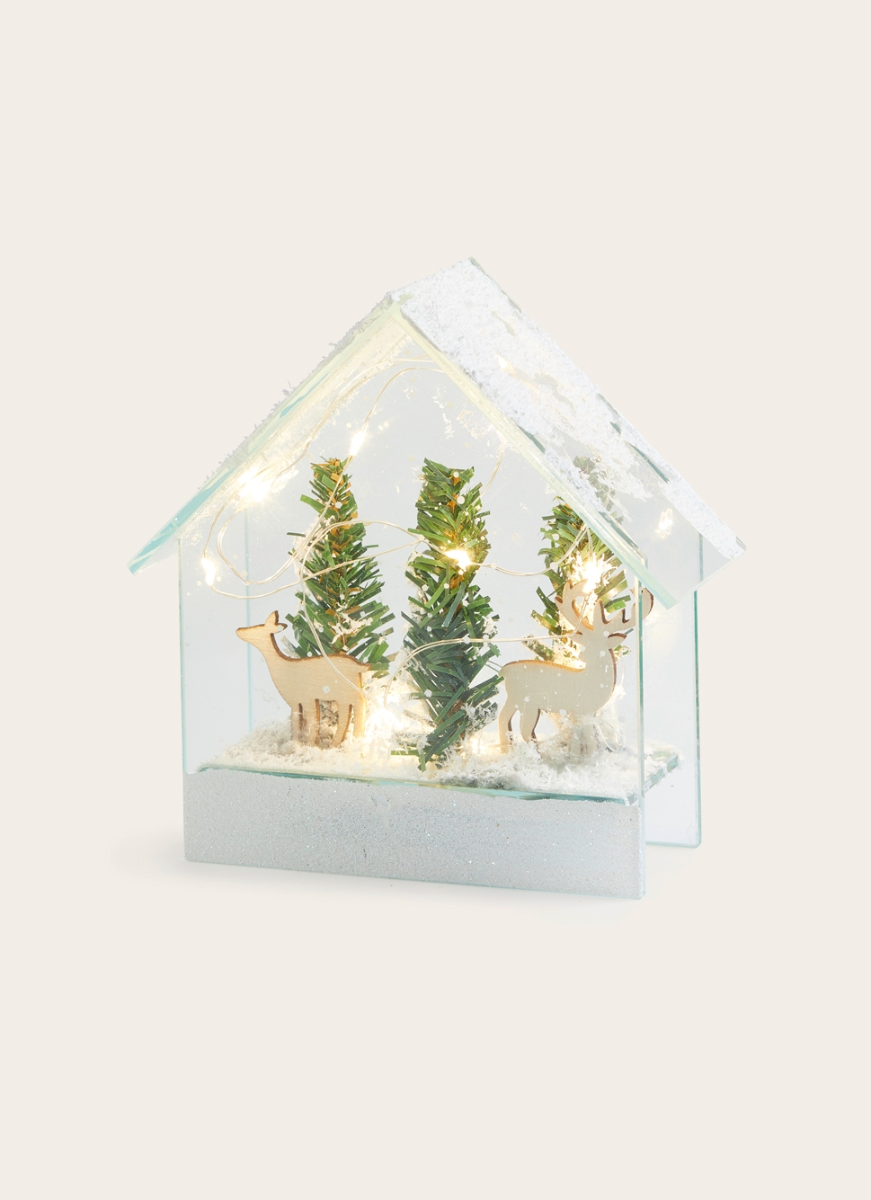 MAISON LUMINEUSE AVEC SAPIN ET CERF TRANSPARENT