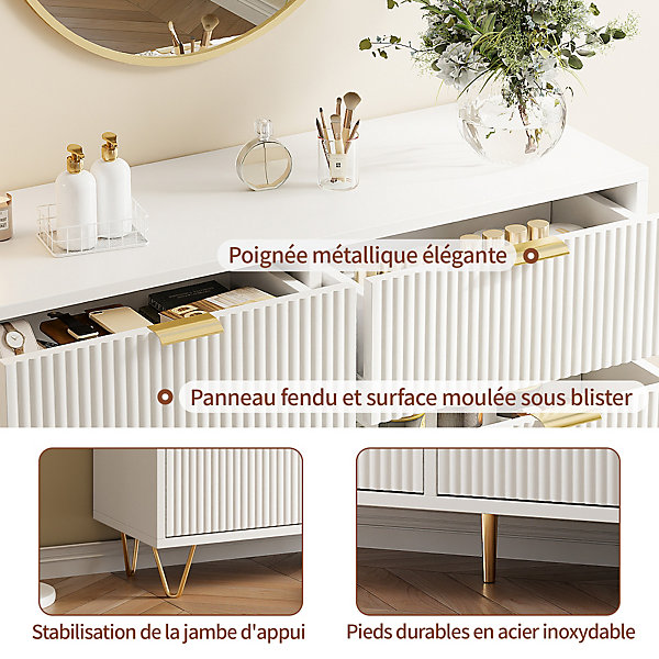Commode 6 tiroirs à ondulations - Blanc, rangement élégant et pratique pour chambre, salon ou bureau