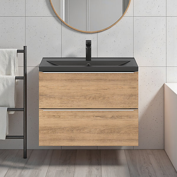 Meuble vasque suspendu faible profondeur effet chêne l.80 cm Imandra   plan vasque noir céramique Nira, GoodHome