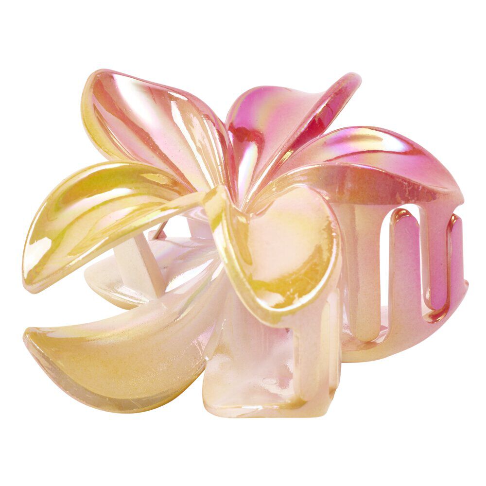 Pince cheveux fleur de tiaré rose et jaune L10cm