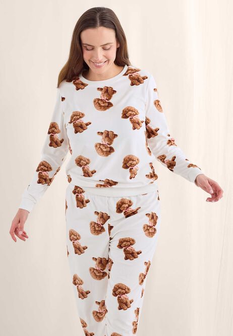 Womens Cream & Pink Dog with Bow Fleece Pyjama Set