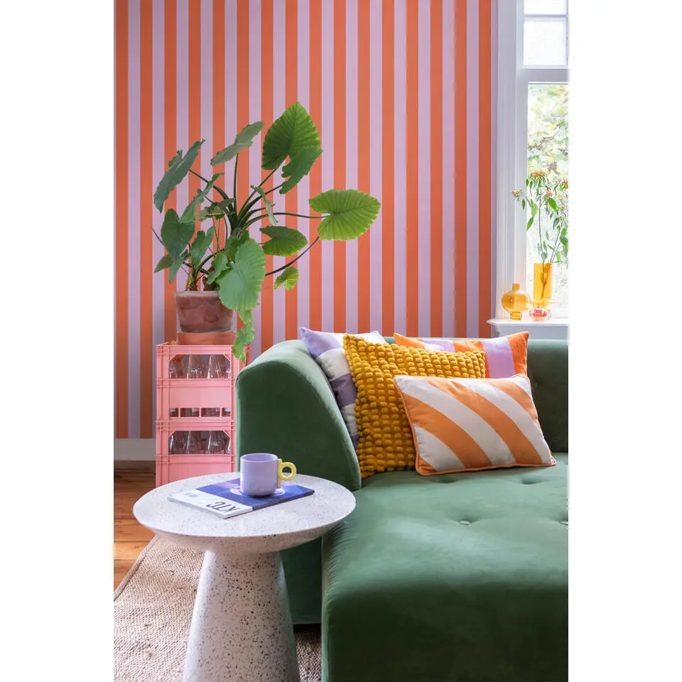 ESTAhome behang strepen oranje en lila paars - 53 cm x 10.05 m