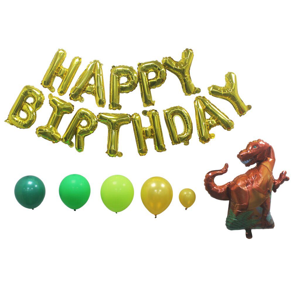 Kit arche à ballons alu et latex x73 Happy Birthday dinosaure tons verts