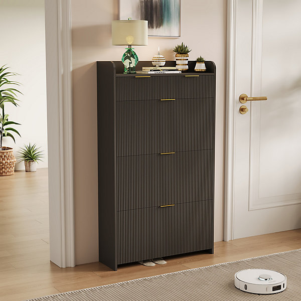 Meuble à chaussures noir moderne avec étagère supérieure et rangement compartimenté, 1 tiroirs, bacs pratiques