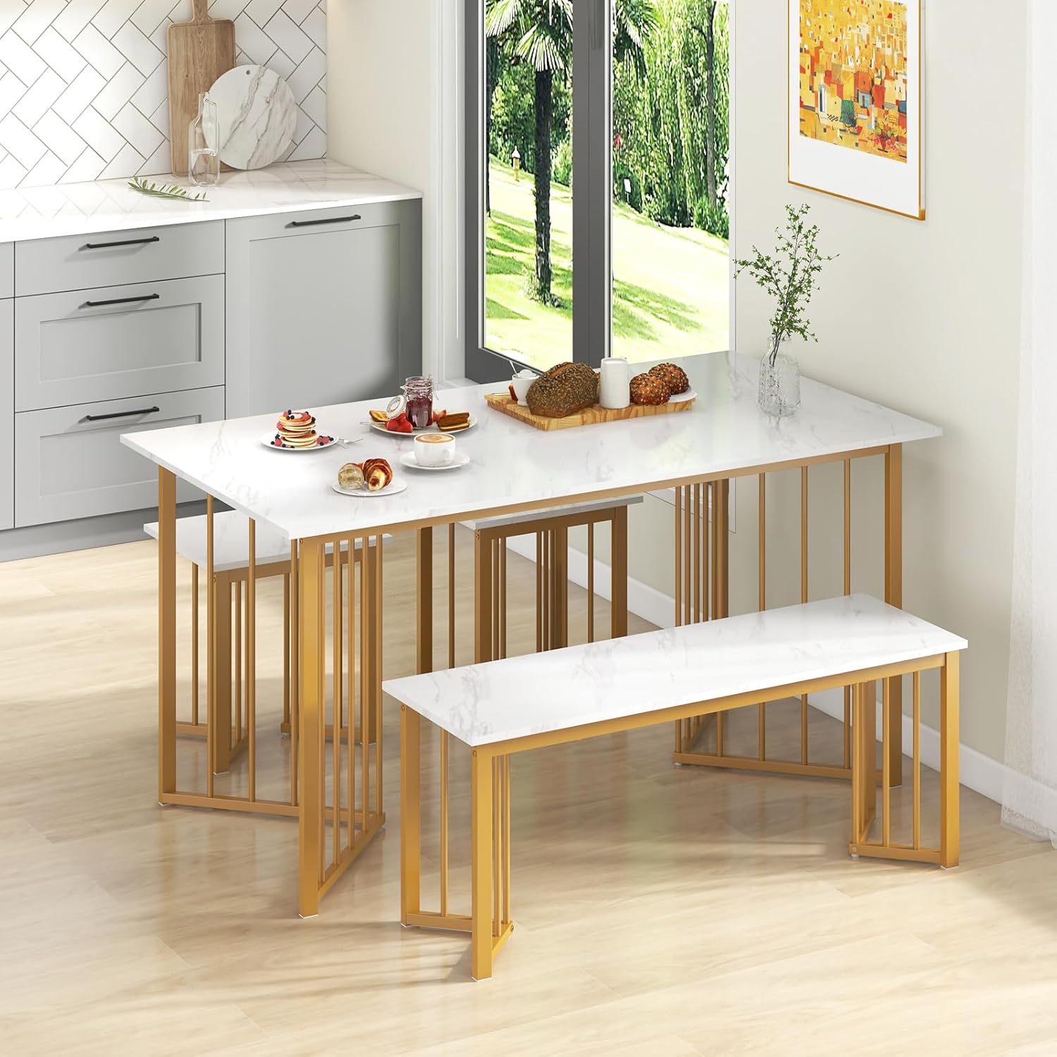 Giantex 4-Piece Dining Table Set for 4, Kitchen Table Chairs Set with Bench & 2 Stools, Wing-Shaped Metal Legs, Marble Grain Dinette Table Set for Small Space, Dining Room, Breakfast Nook Table Set