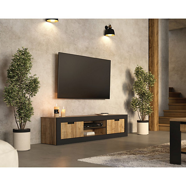 Meuble TV MEUNIER2 portes &5 nichesChene Samdal &noir Mat180x42x40 cm