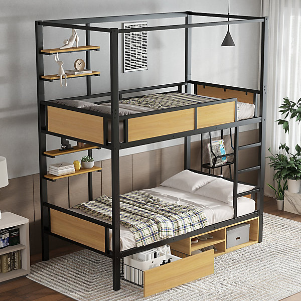 Lit superposé métal MDF étagères doubles latérales rangement sous lit rideau amovible lit supérieur noir naturel 90x200cm