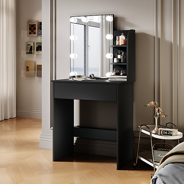 Coiffeuse avec LED Miroir SIRHONA Noir 70x40x140cm Table de Maquillage avec Grands Tiroirs et étagères